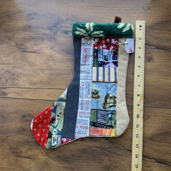 Christmas Stocking Quilted Patchwork Fabric Train Travel NEW 15” Handmade - Picture 5 of 5